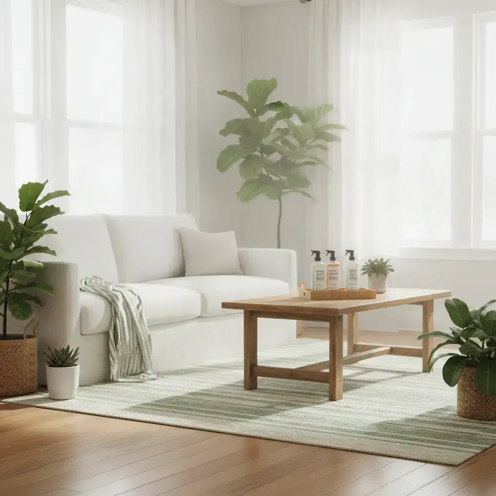 Fresh living room cleaned with eco-friendly products and natural light
