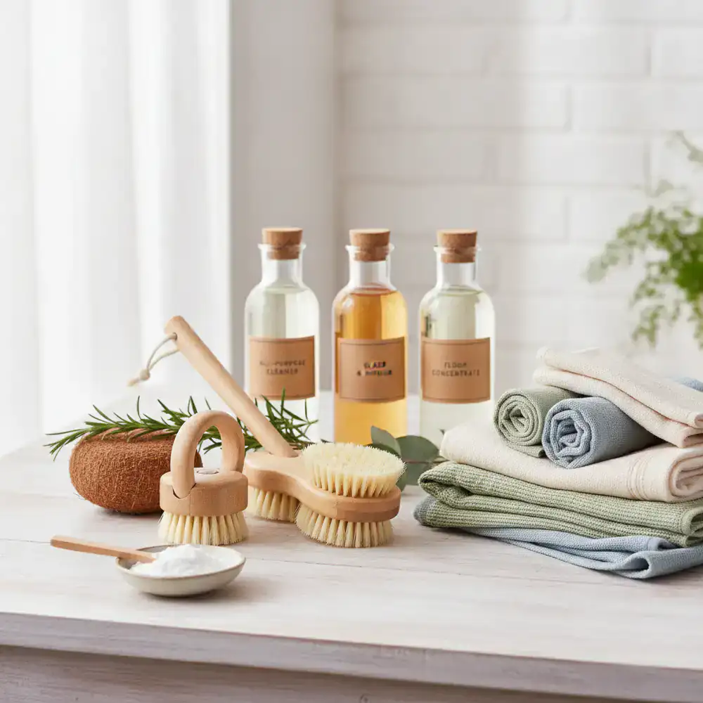 A collection of natural cleaning brushes, microfiber cloths, and plant-based solutions arranged neatly
