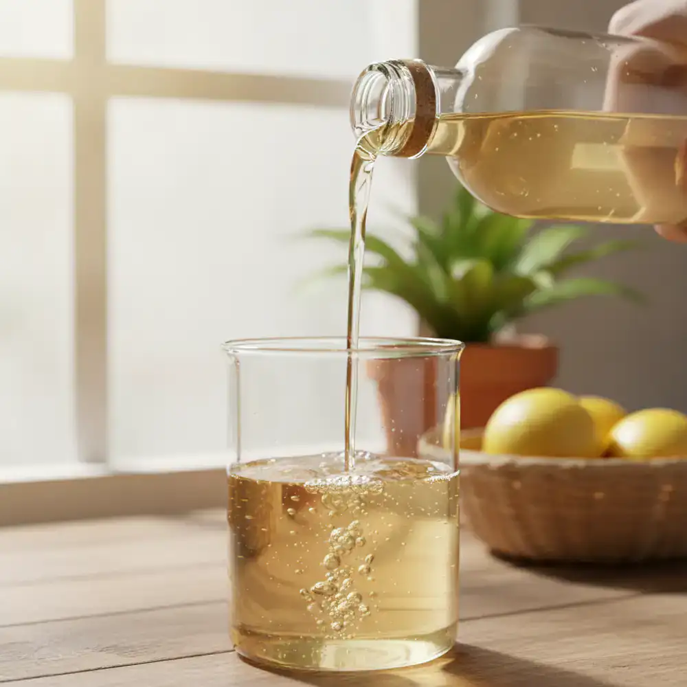 Close up of a natural, clear cleaning solution being poured