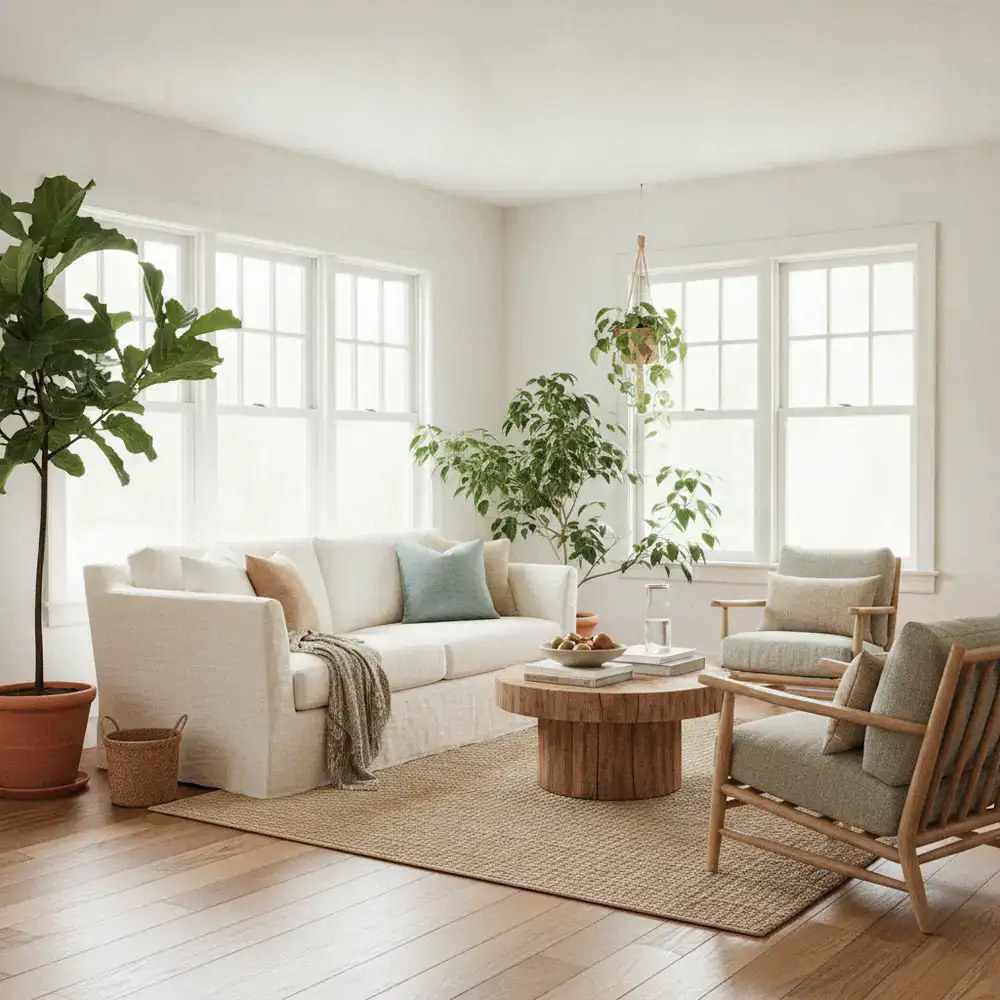 A clean, sunlit living room showing a healthy home environment