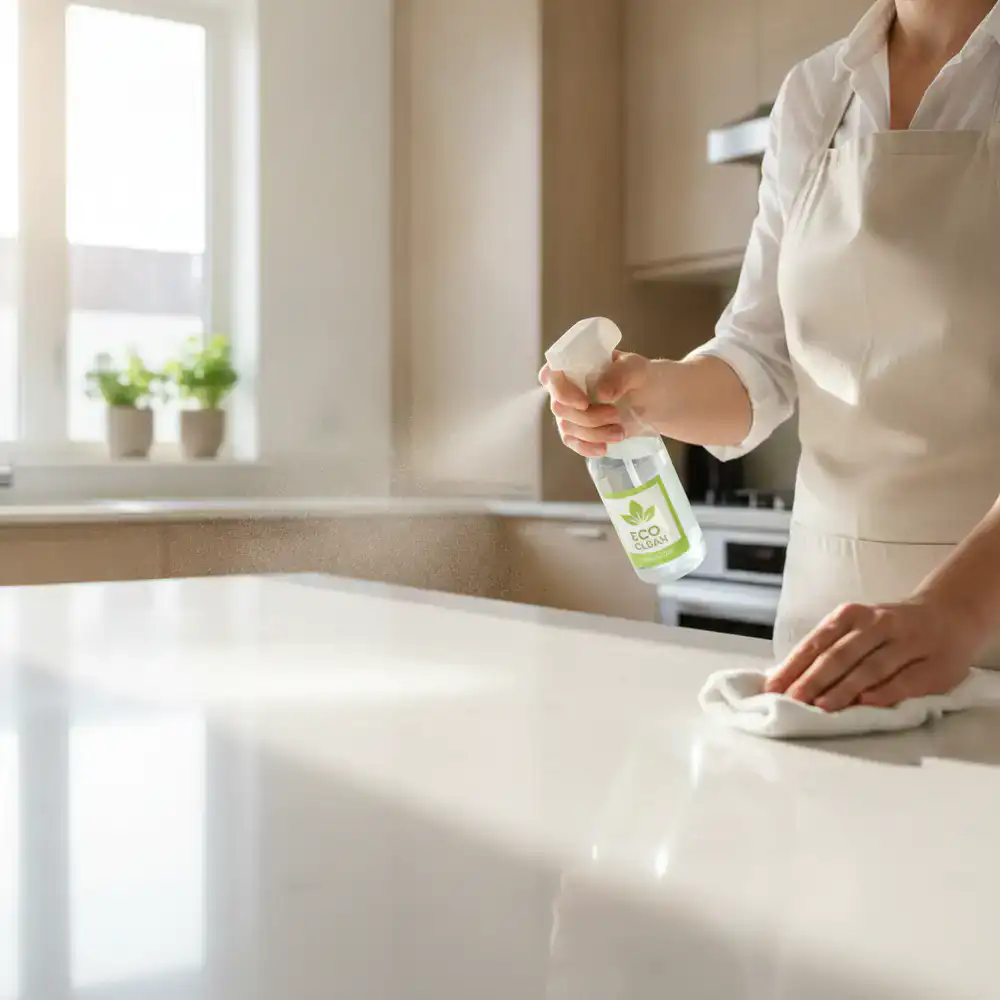 Team member using eco-friendly spray on a pristine kitchen counter