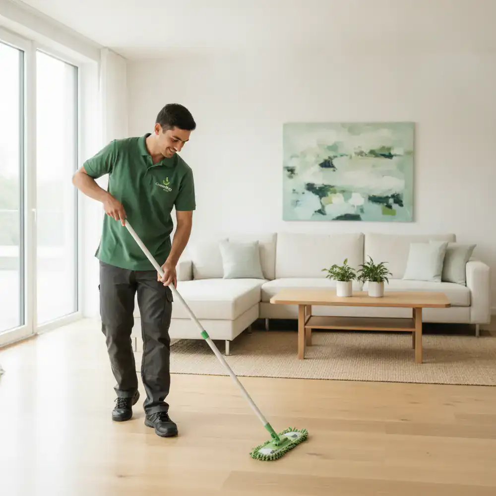 GreenMop Studio team member cleaning a bright, modern living room