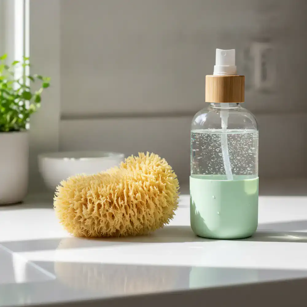 Close up of a natural sponge and eco-friendly spray bottle on a pristine kitchen counter
