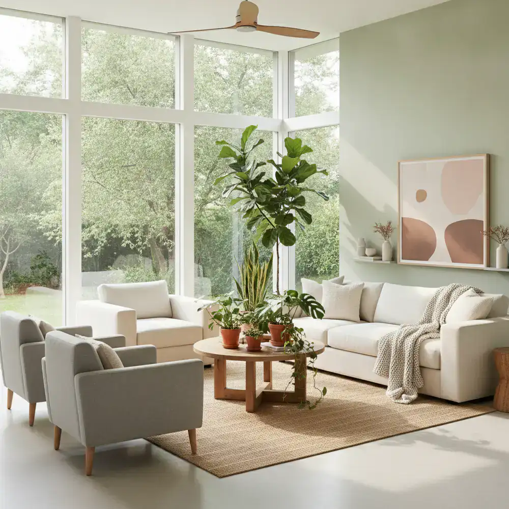 Pristine living room with comfortable seating and healthy indoor plants