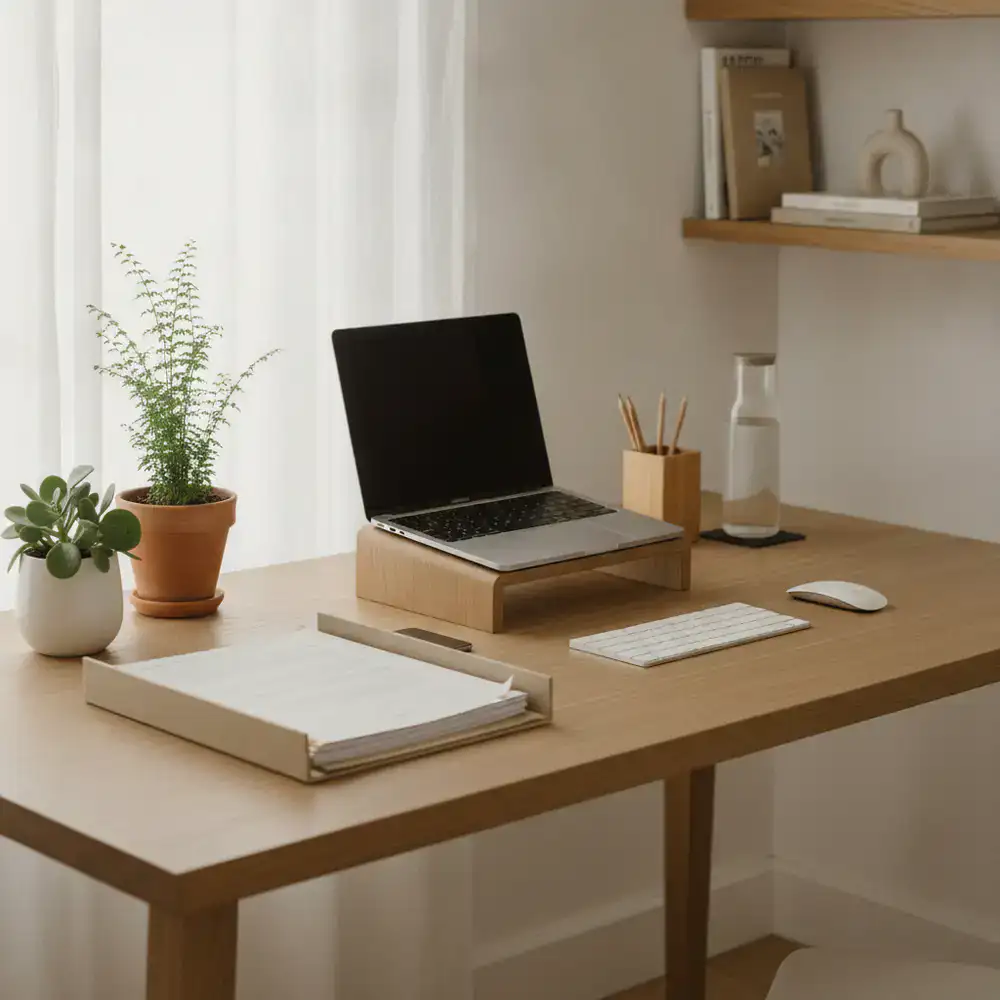 Clean modern office space with bright desks and greenery