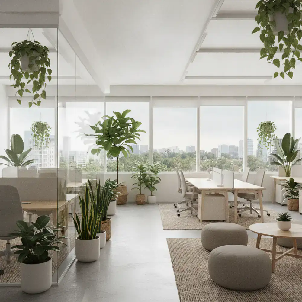 A bright, clean office environment featuring large windows and healthy indoor plants
