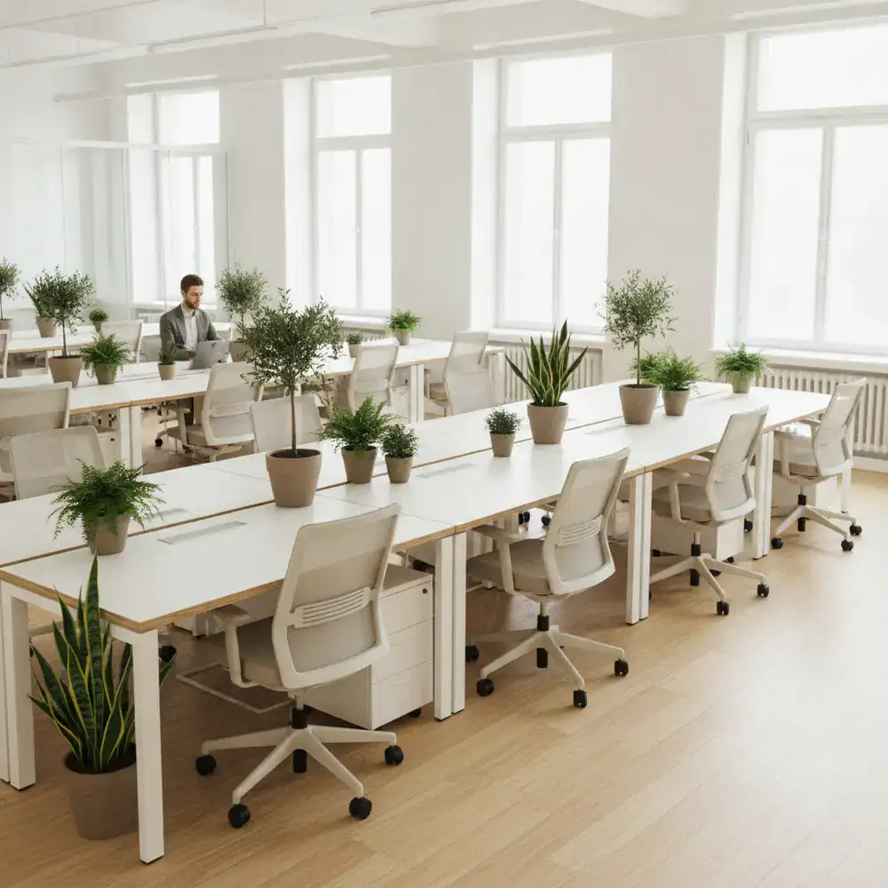 Spotless open plan office desks with green plants