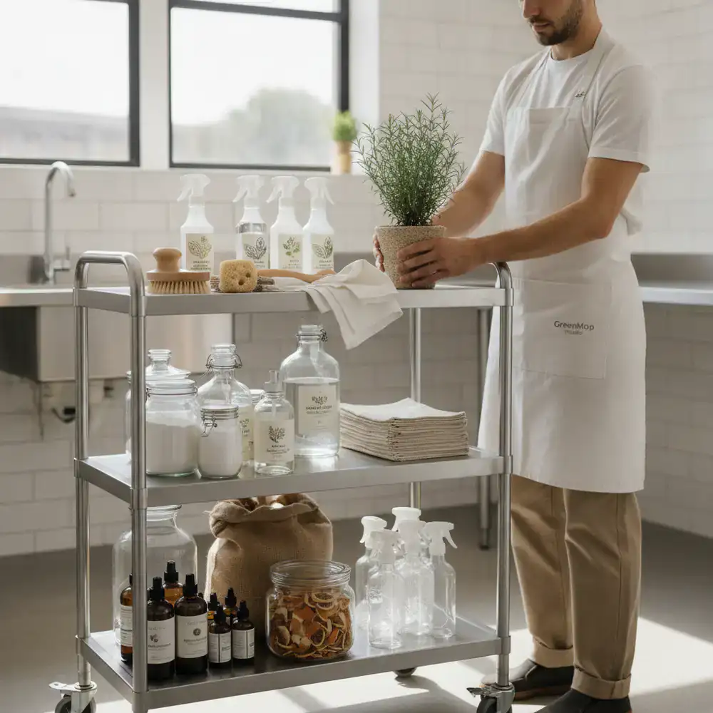 GreenMop Studio professional arranging natural cleaning supplies on a commercial cart